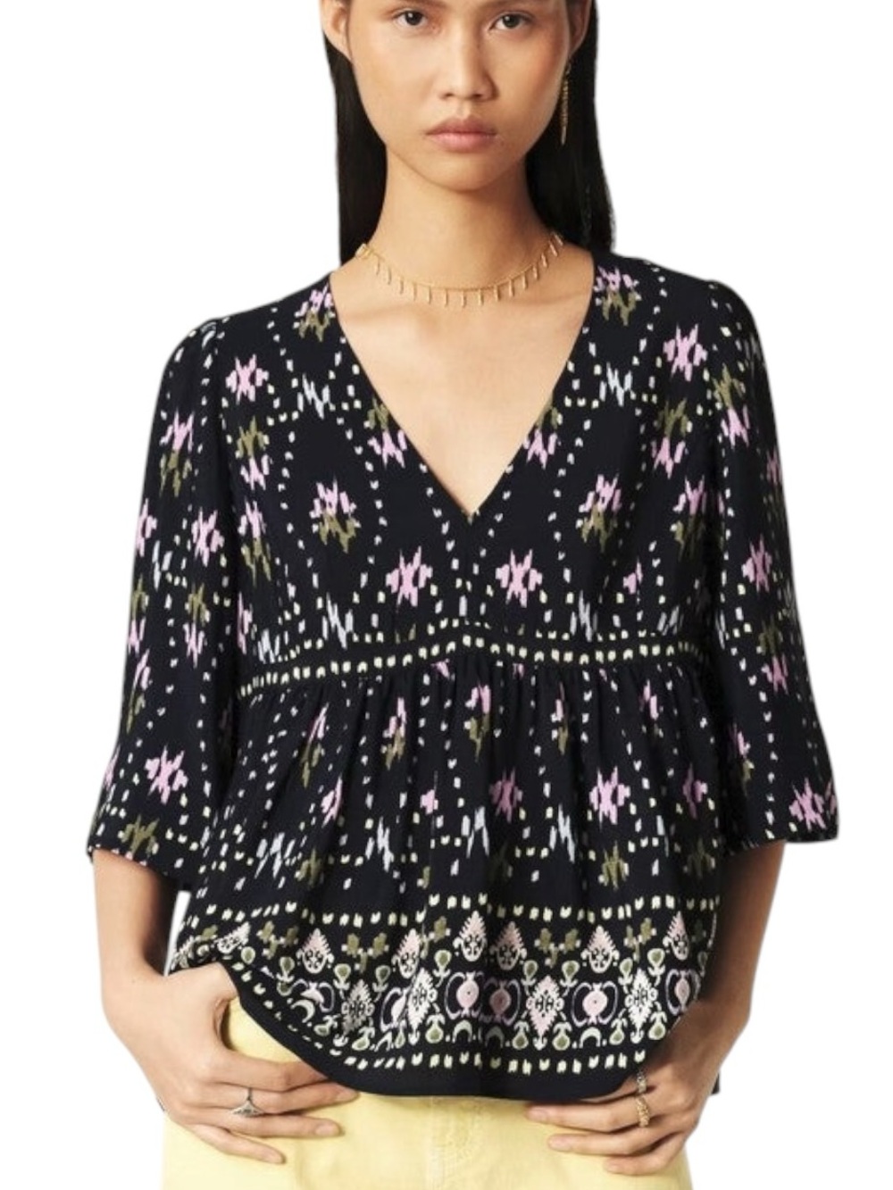 Ba&sh Narry Navy Blue Ikat Printed V-Neck Blouse - M